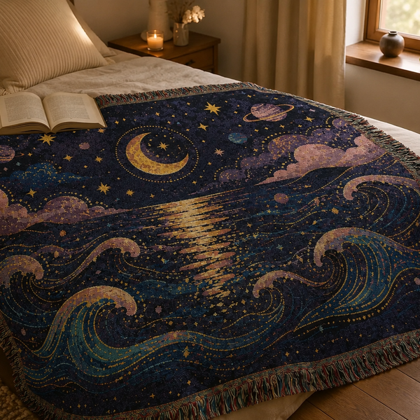 Crescent Moon Over Ocean Woven Tapestry Blanket