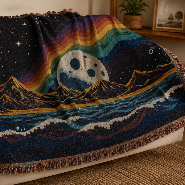 Rainbow Moon Landscape Woven Tapestry Blanket