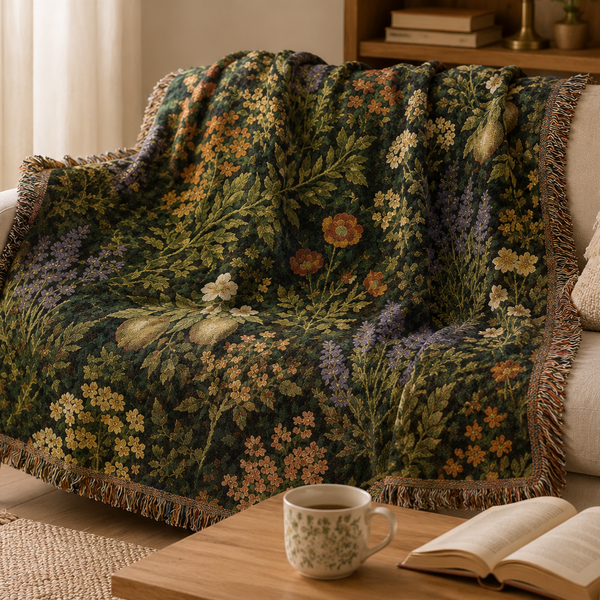 Vintage Floral Cottagecore Woven Tapestry Blanket