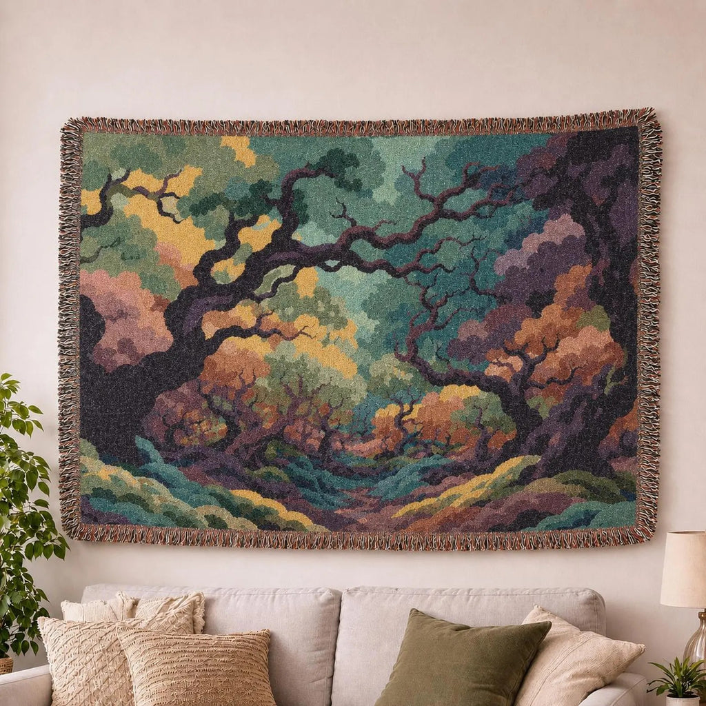 Enchanted Forest Tapestry Woven Blanket | Colorful Tree Canopy Throw