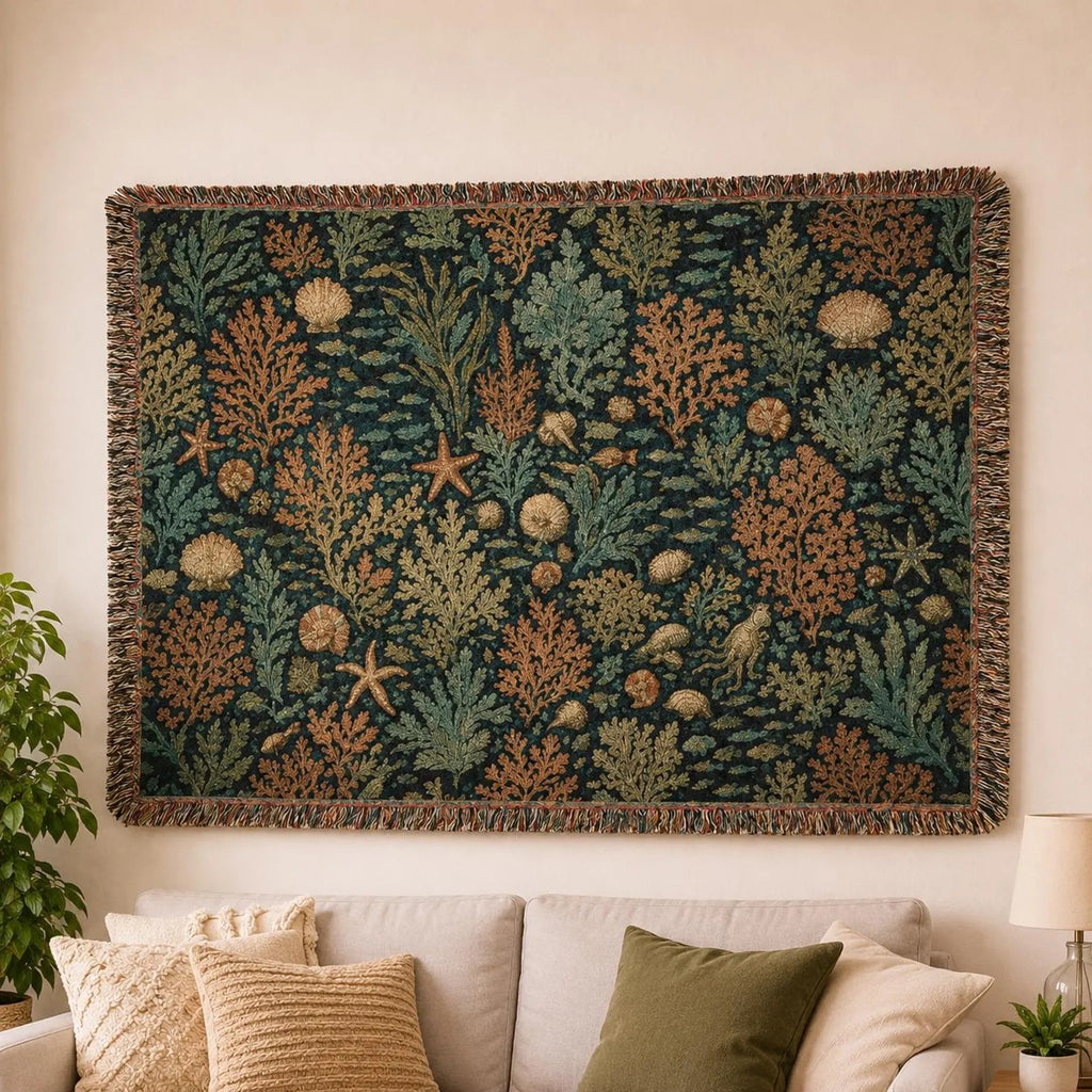 Vintage Sealife Floral Tapestry Woven Blanket | Botanical Throw, Earth Tones