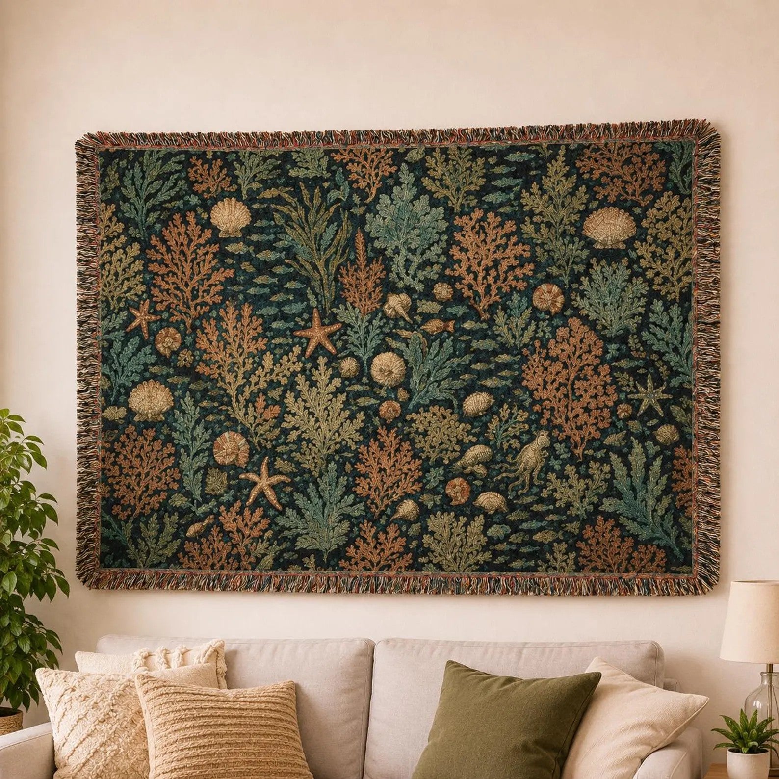 Vintage Sealife Floral Tapestry Woven Blanket | Botanical Throw, Earth Tones