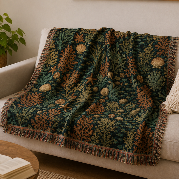 Vintage Sealife Floral Woven Tapestry Blanket