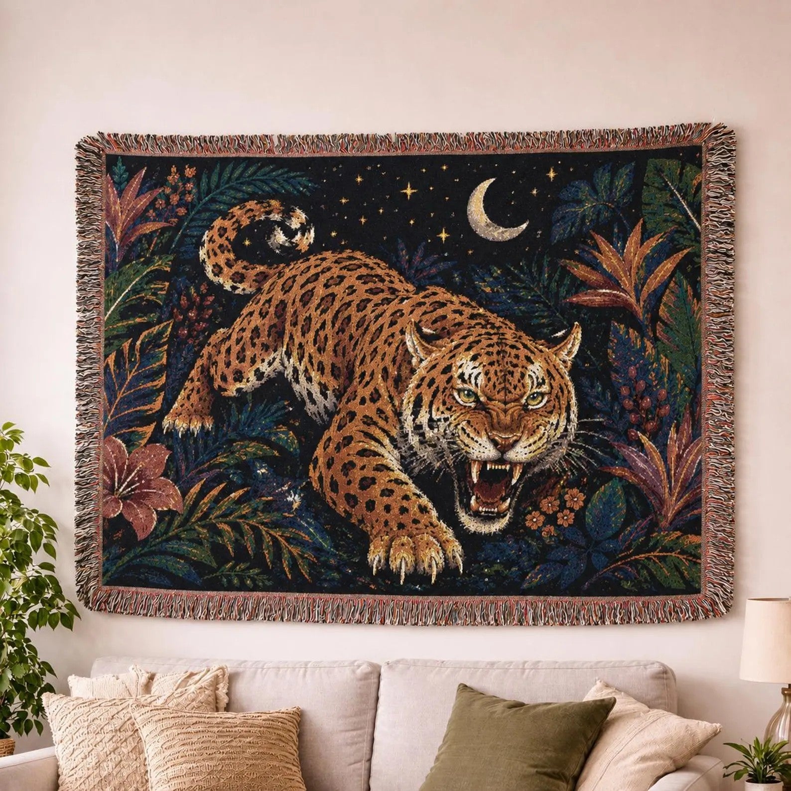 Roaring Tiger Throw Woven Blanket | Jungle Moon Tapestry