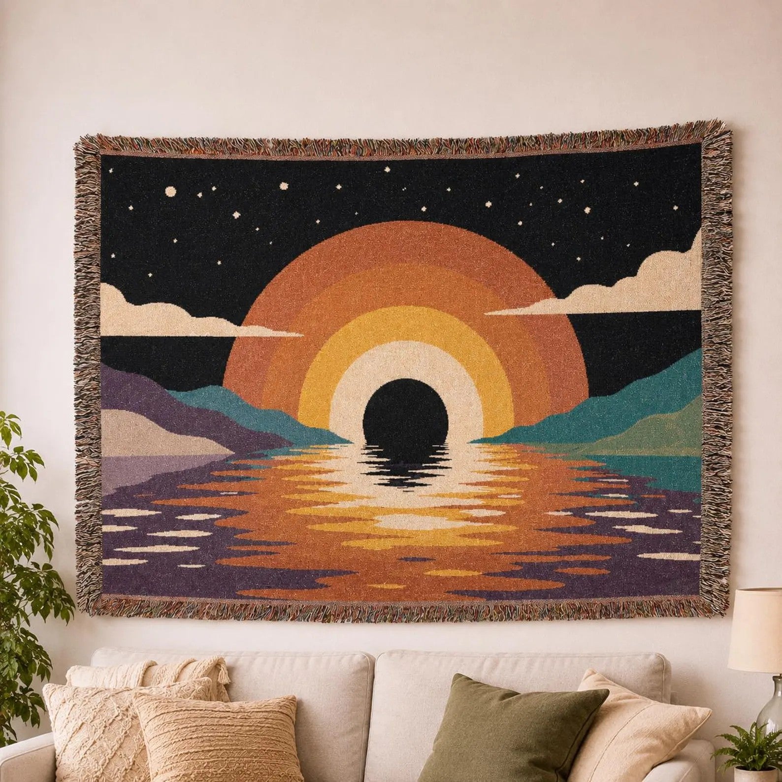 Retro Sunset Arch Woven Blanket | Boho Landscape Tapestry Throw