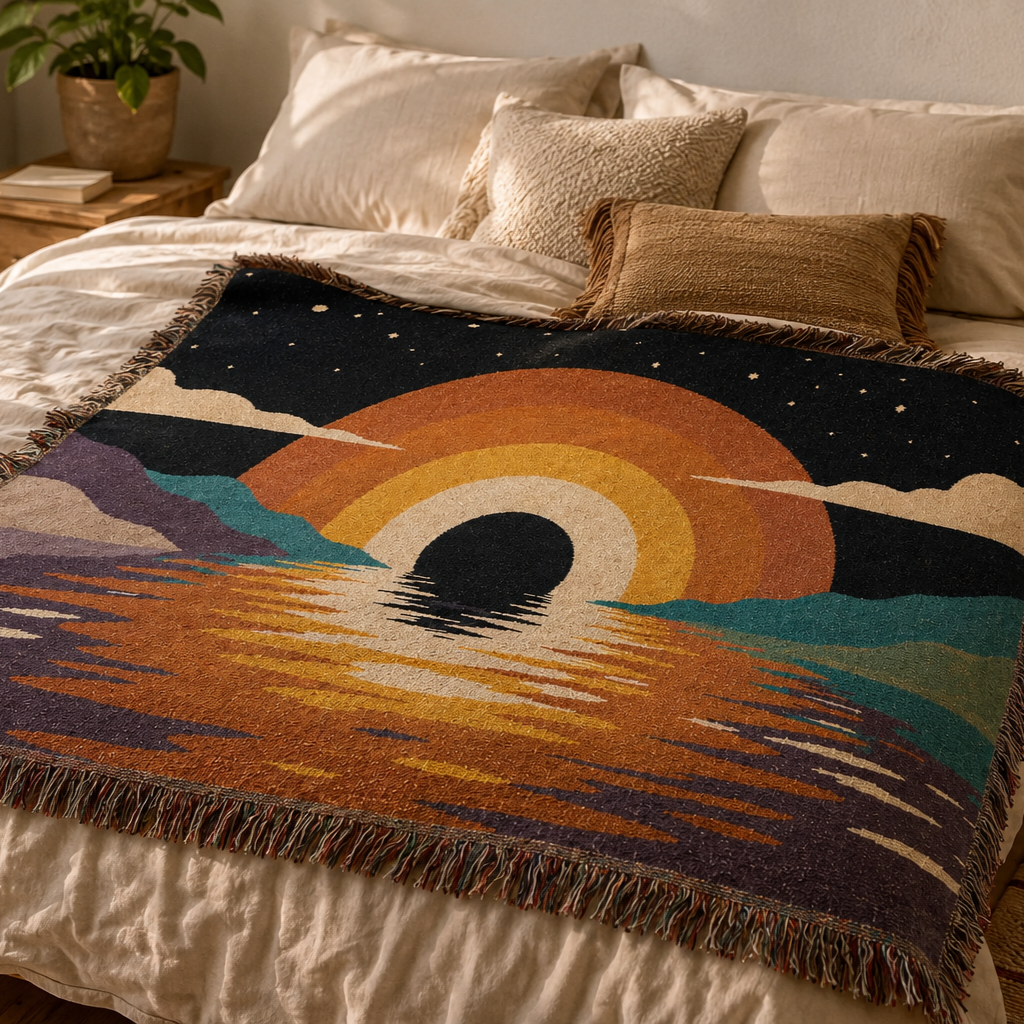 Retro Sunset Arch Woven Blanket | Boho Landscape Tapestry Throw