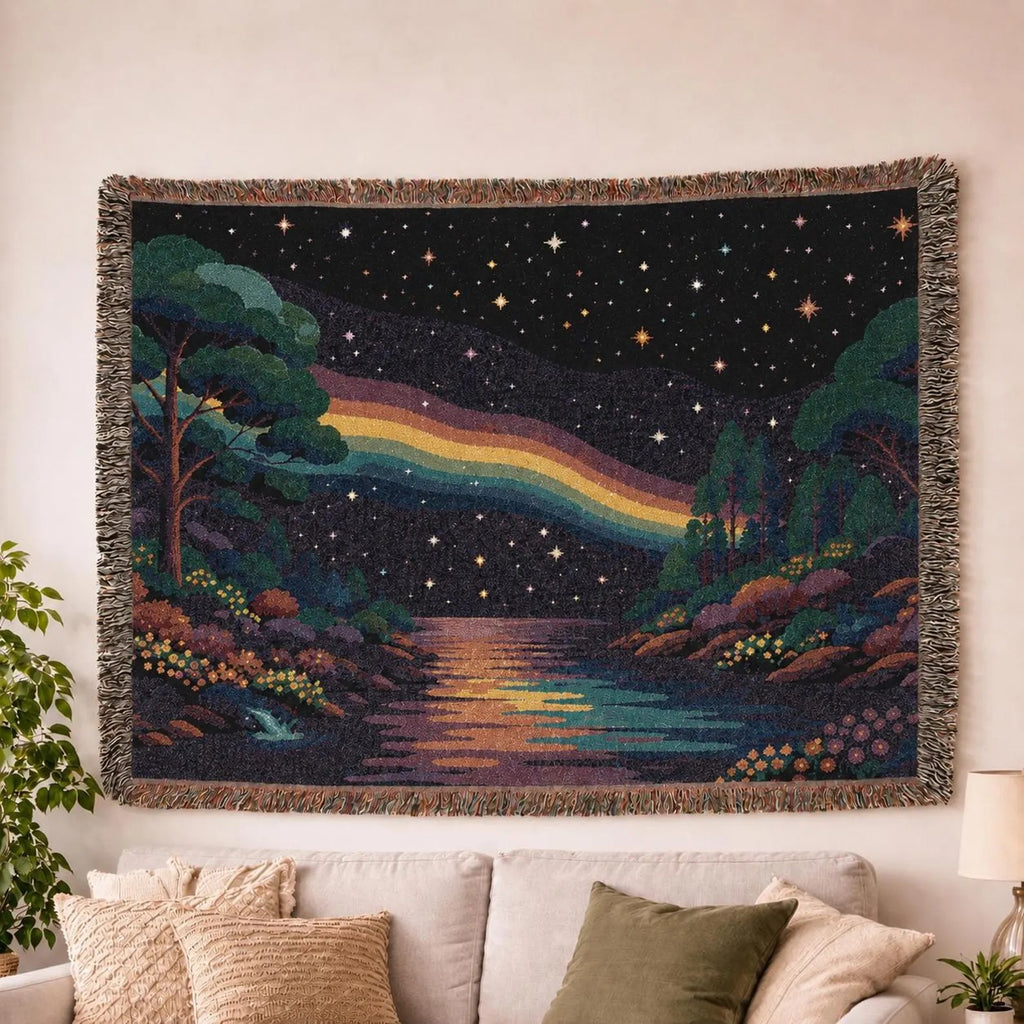Pixel Rainbow Nightscape Woven Blanket | Starry Lake Scenic Throw