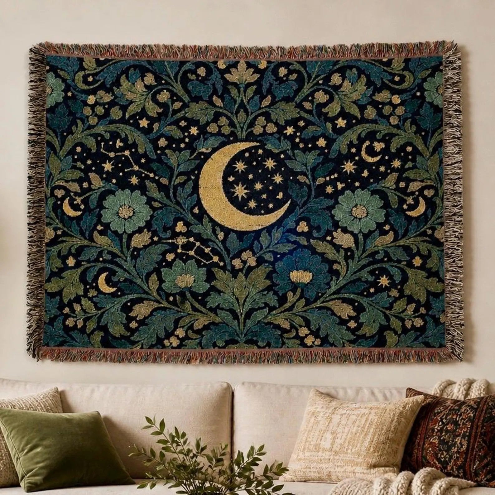 Crescent Moon Floral Woven Blanket | Starry Night Tapestry Throw
