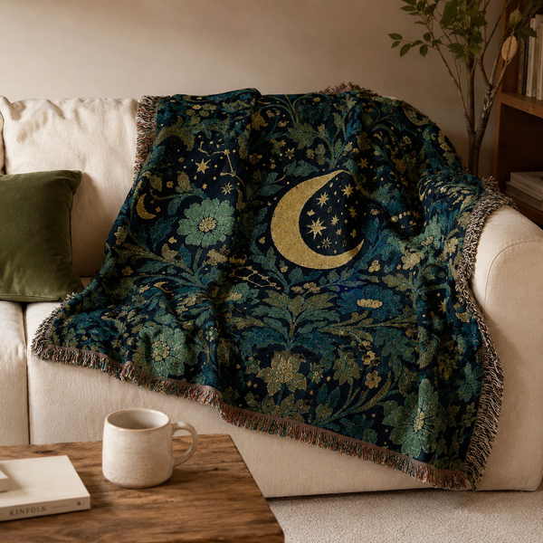 Crescent Moon Floral Woven Tapestry Blanket