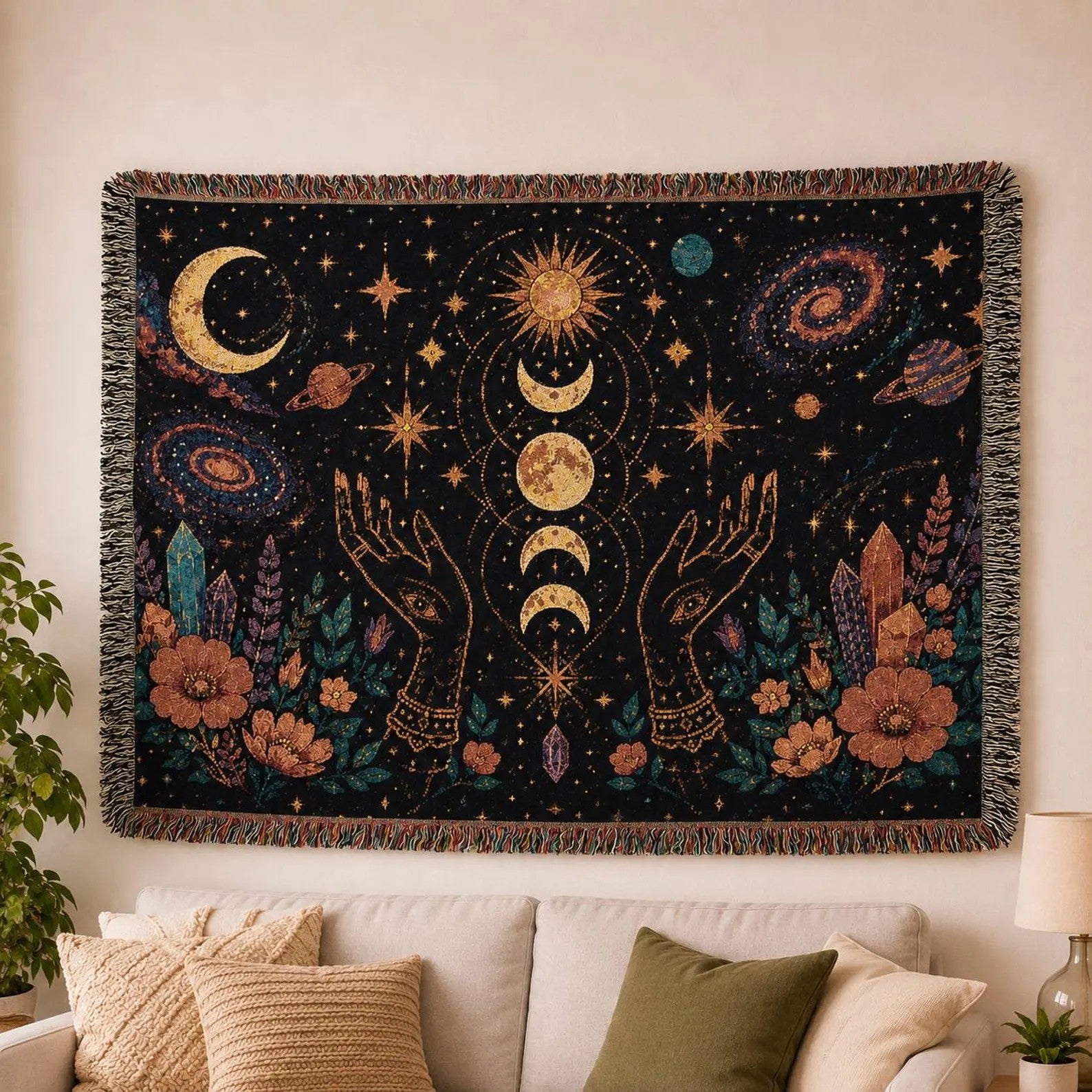 Celestial Moon Phases Woven Blanket | Sun, Stars & Floral Tapestry Throw