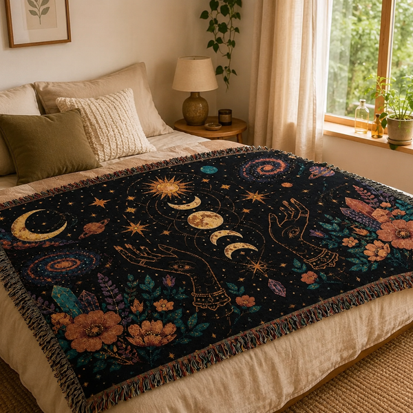 Celestial Moon Phases Woven Tapestry Blanket
