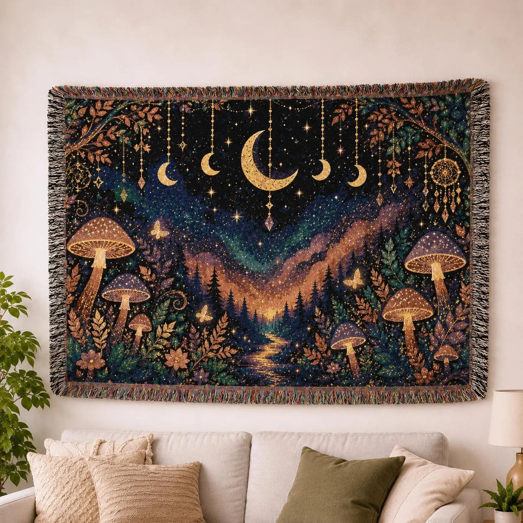 Moonlit Mushroom Forest Woven Blanket | Celestial Nightscape Tapestry