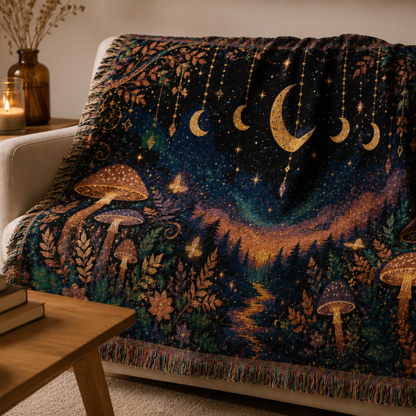 Moonlit Mushroom Forest Woven Tapestry Blanket