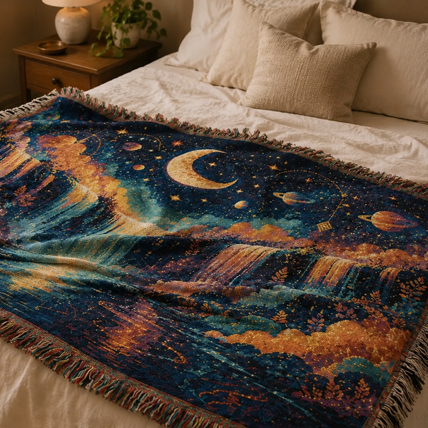 Celestial Moon Waterfall Woven Tapestry Blanket