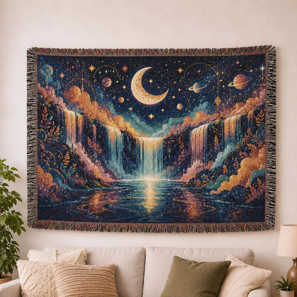 Celestial Moon Waterfall Woven Blanket | Night Sky Tapestry Throw
