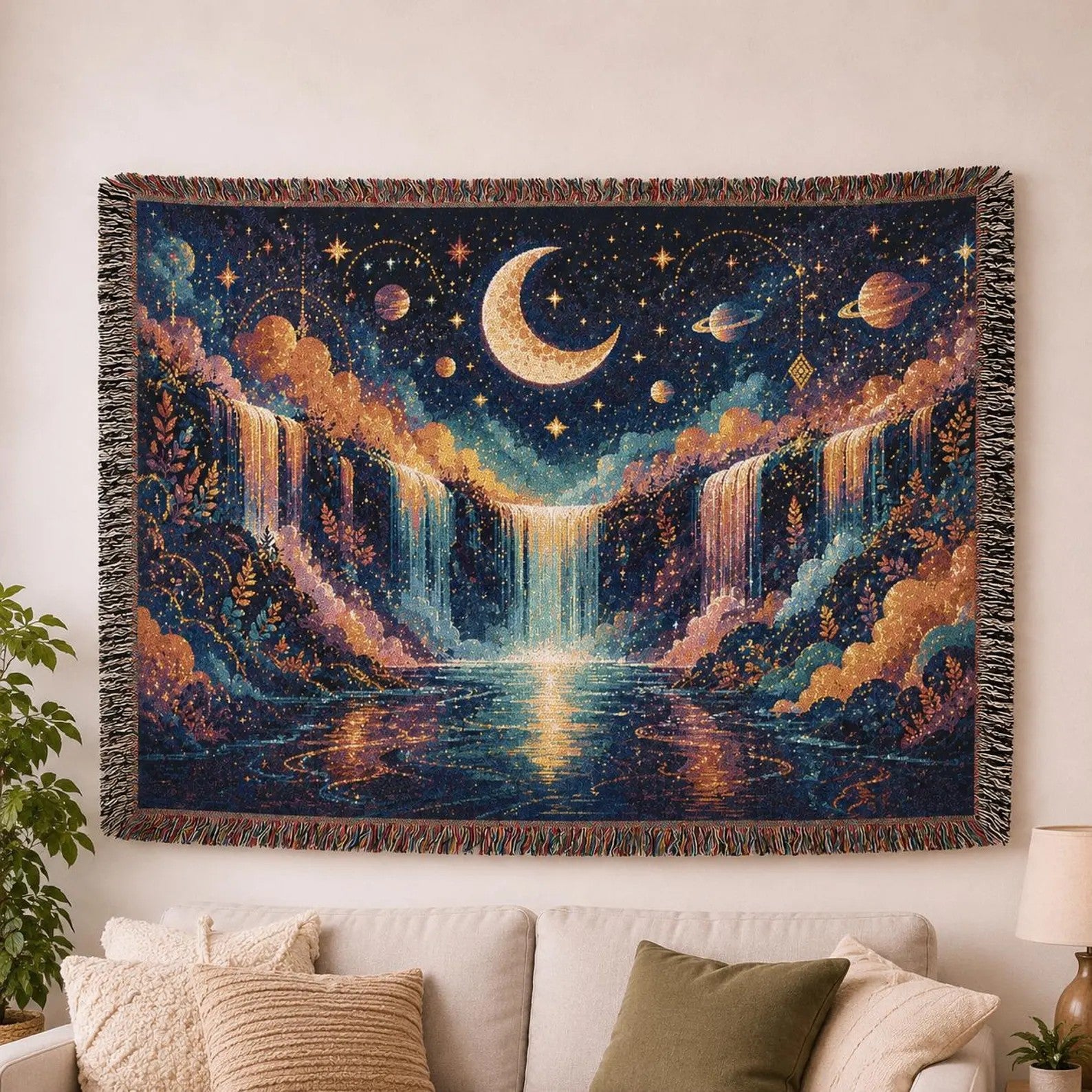 Celestial Moon Waterfall Woven Blanket | Night Sky Tapestry Throw