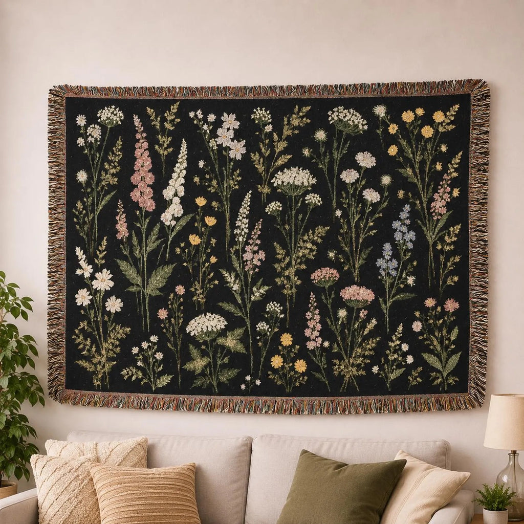 Vintage Wildflower Meadow Woven Blanket | Floral Tapestry Throw