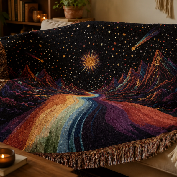 Cosmic Rainbow River Woven Tapestry Blanket