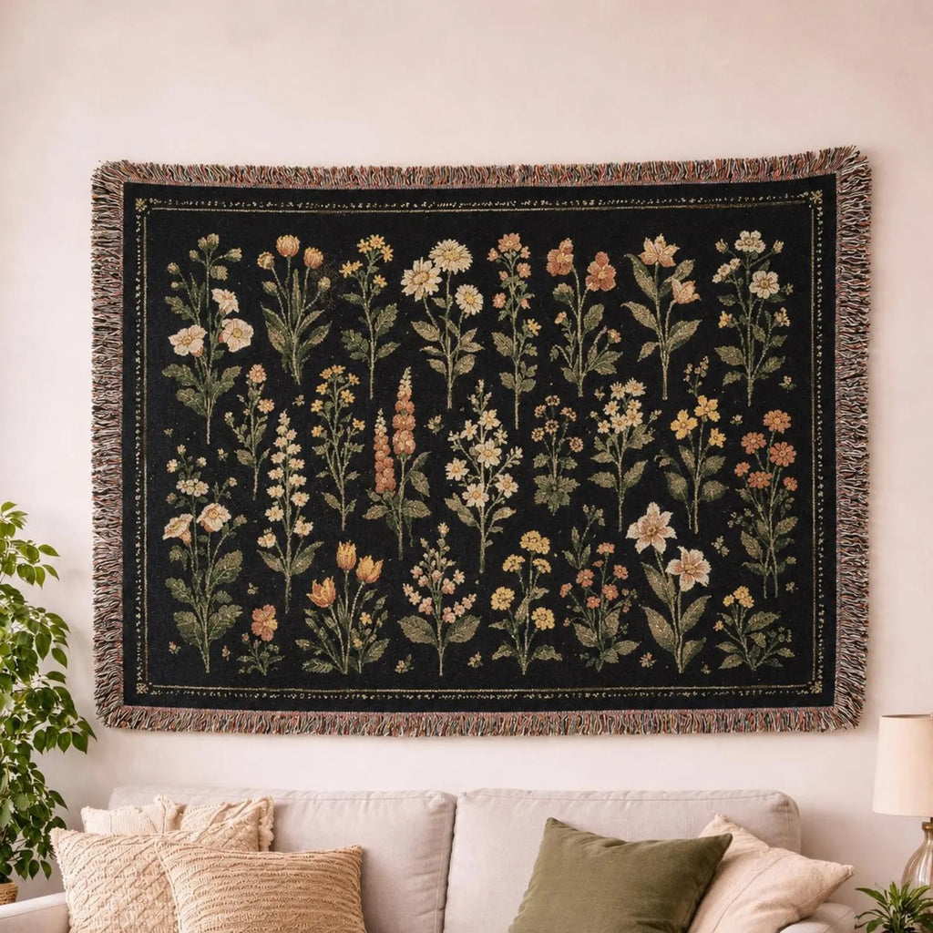 Vintage Floral Tapestry Woven Blanket | Meadow Flowers Throw