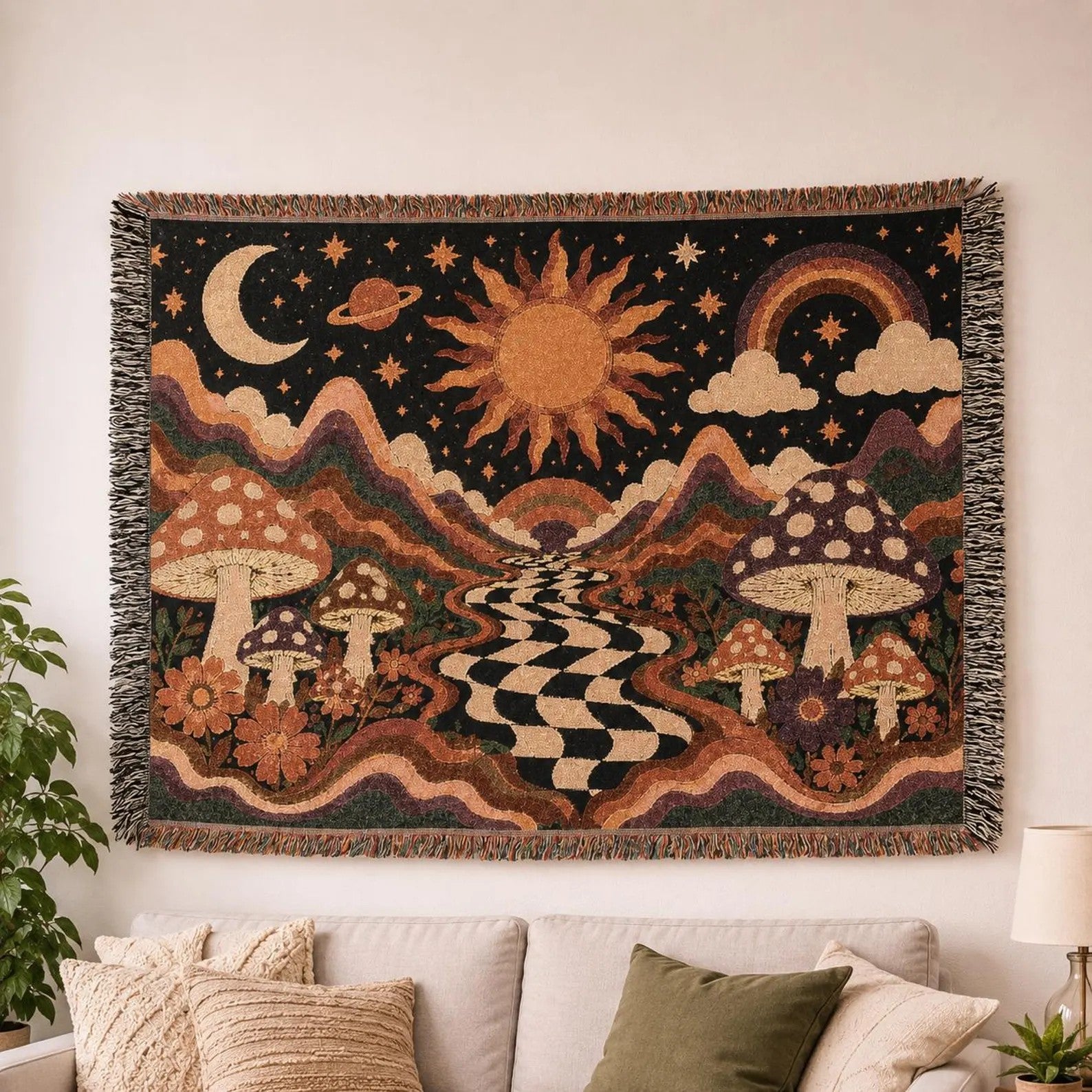 Psychedelic Mushroom Sunscape Woven Blanket | Retro Checkerboard Path