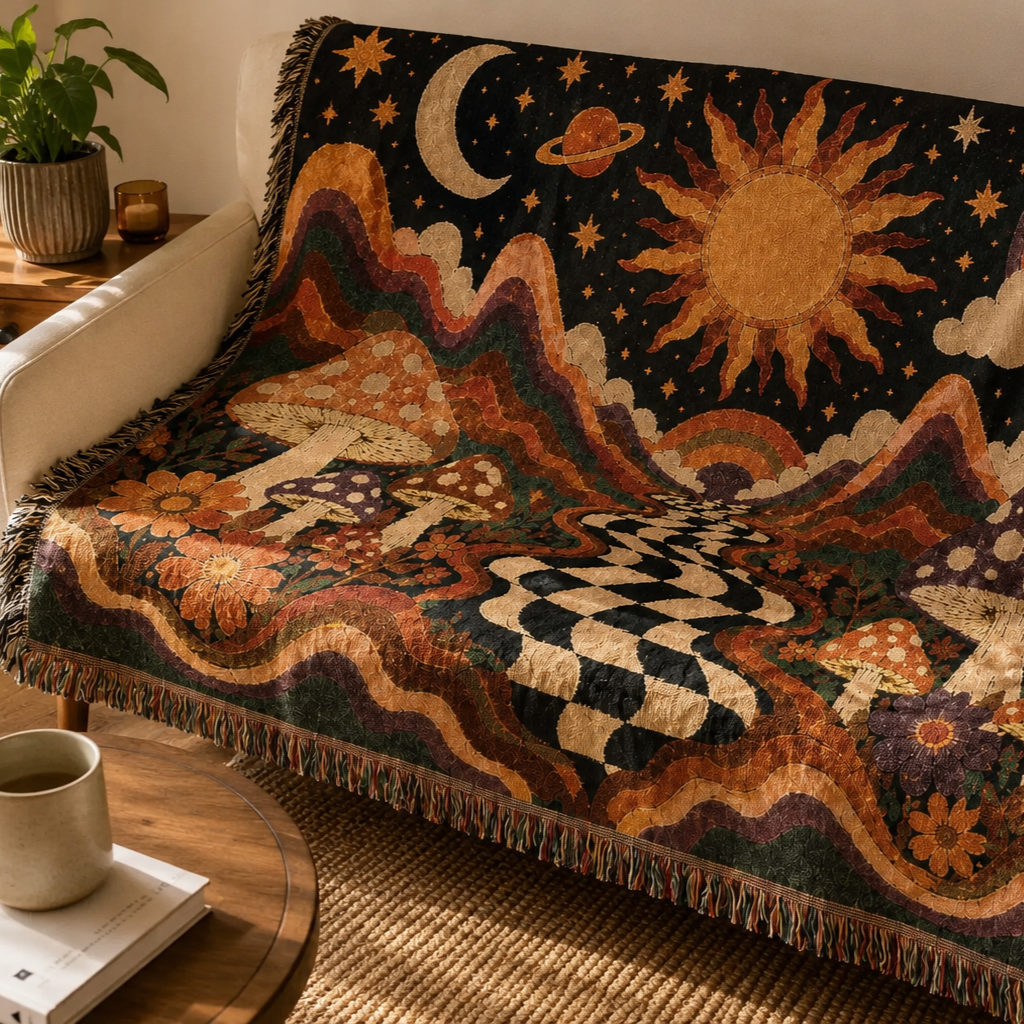 Psychedelic Mushroom Sunscape Woven Blanket | Retro Checkerboard Path