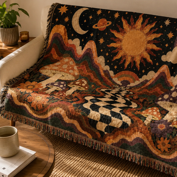Psychedelic Mushroom Sunscape Woven Tapestry Blanket