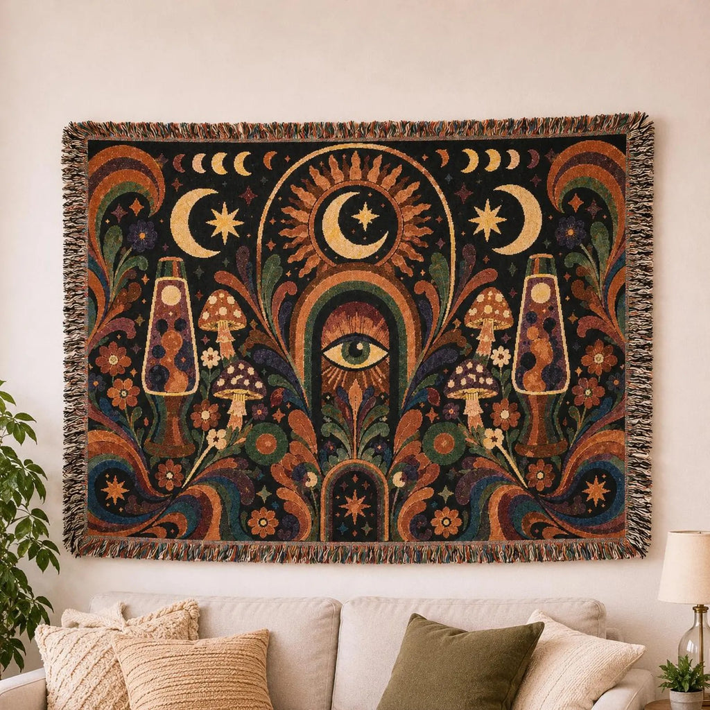 Celestial Moon Eye Woven Blanket | Mystic Boho Tapestry Throw