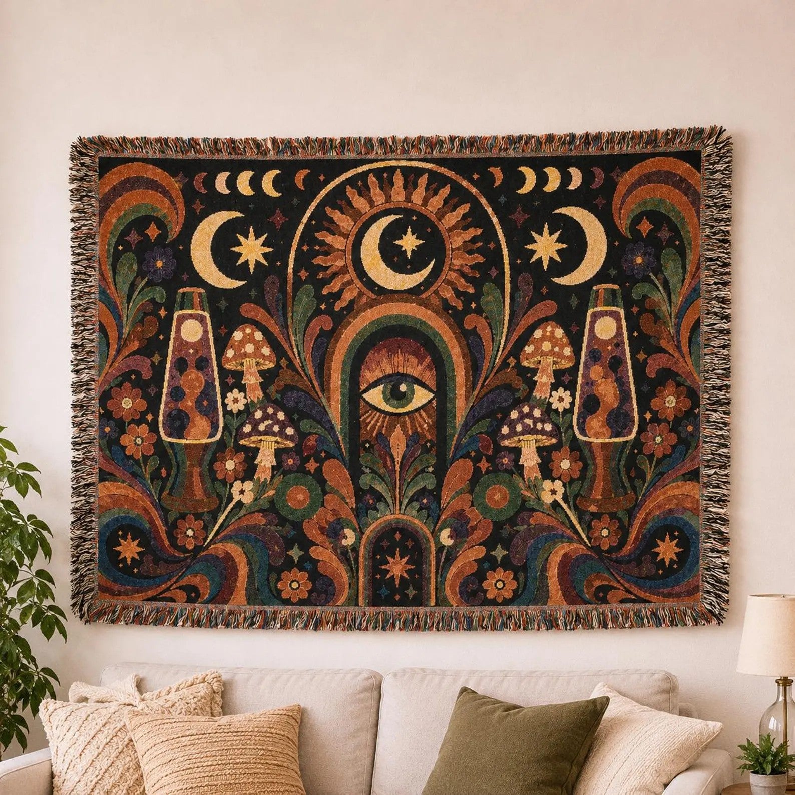 Celestial Moon Eye Woven Blanket | Mystic Boho Tapestry Throw
