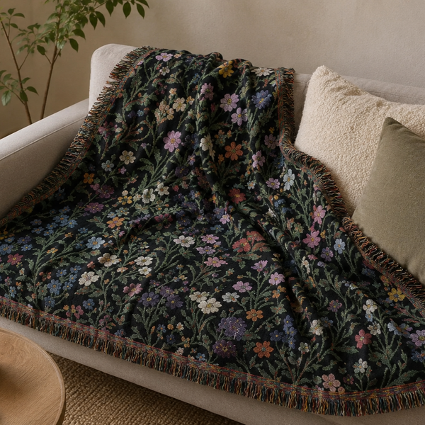 Tiny Floral Mosaic Woven Tapestry Blanket