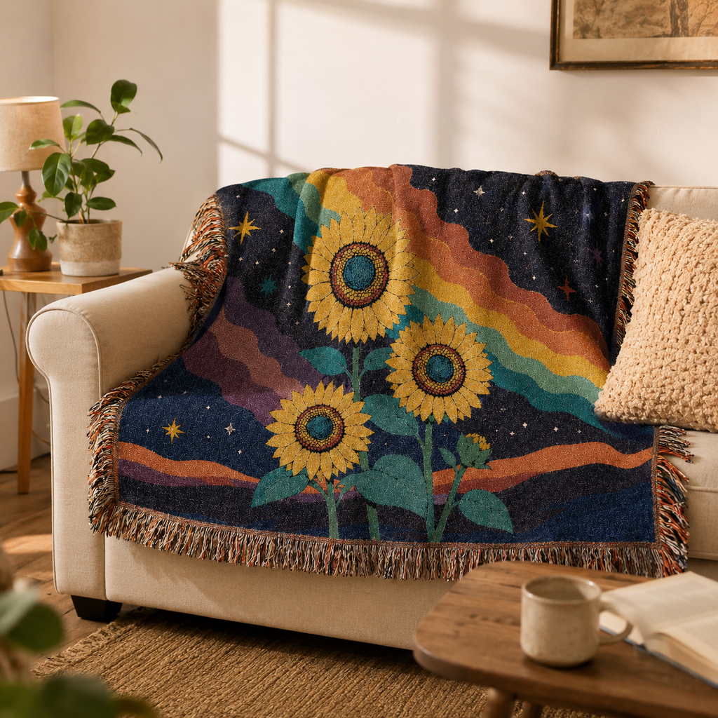 Sunflower Nightscape Woven Blanket | Retro Celestial Tapestry