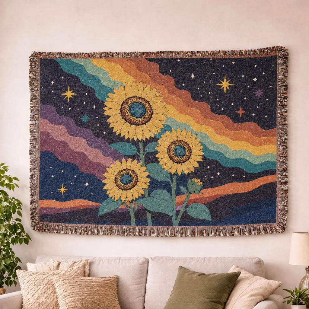 Sunflower Nightscape Woven Blanket | Retro Celestial Tapestry