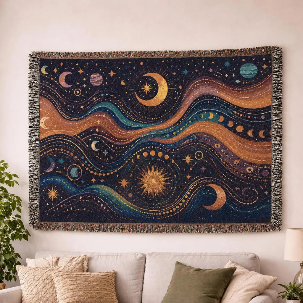 Celestial Waves Woven Blanket | Moon Stars Tapestry Throw