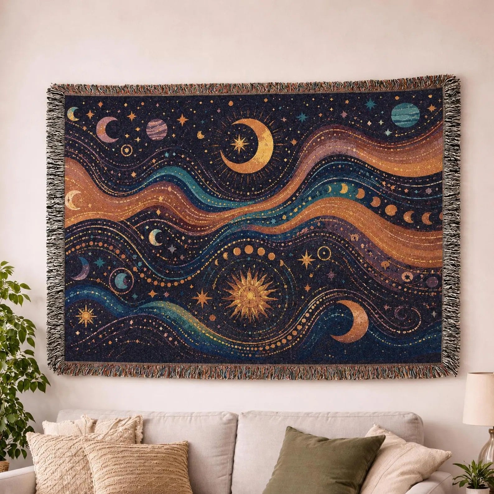 Celestial Waves Woven Blanket | Moon Stars Tapestry Throw
