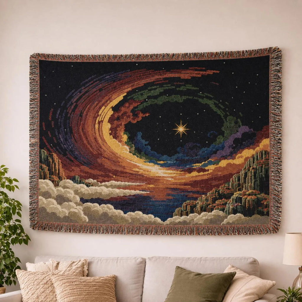 Cosmic Vortex Woven Blanket | Starry Swirl Tapestry Throw