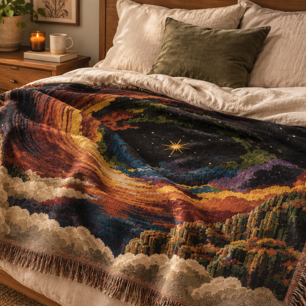 Cosmic Vortex Woven Blanket | Starry Swirl Tapestry Throw