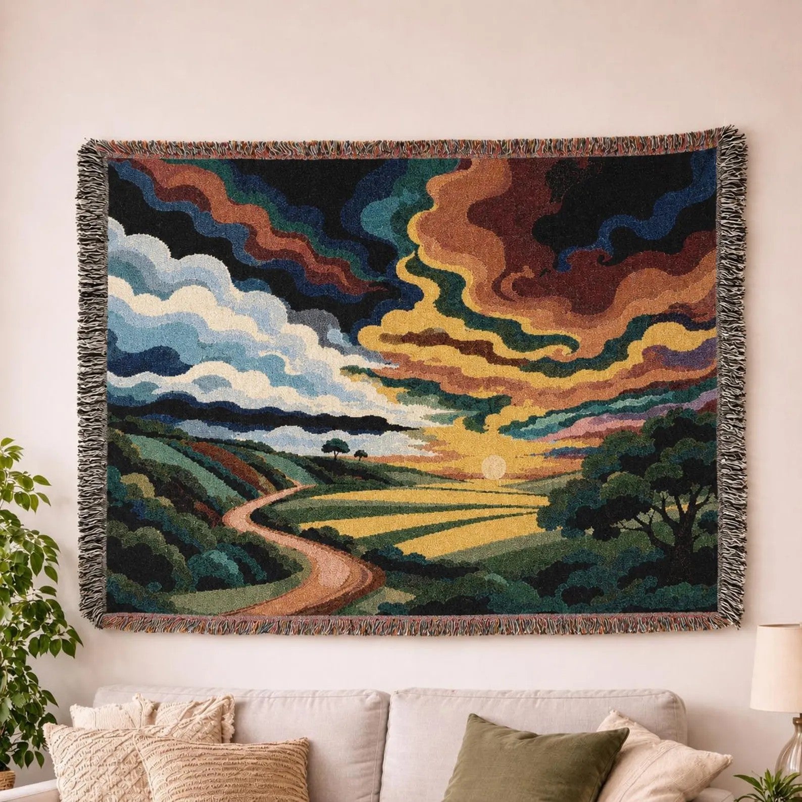 Sunset Landscape Woven Blanket | Scenic Countryside Tapestry Throw
