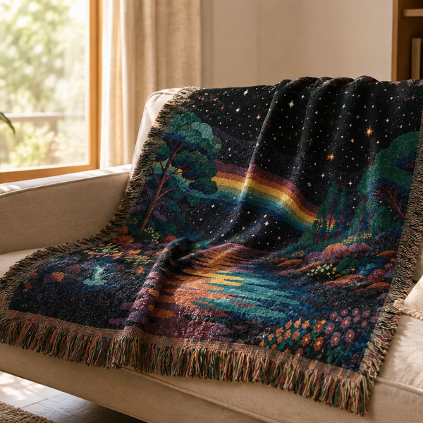 Pixel Rainbow Nightscape Woven Tapestry Blanket