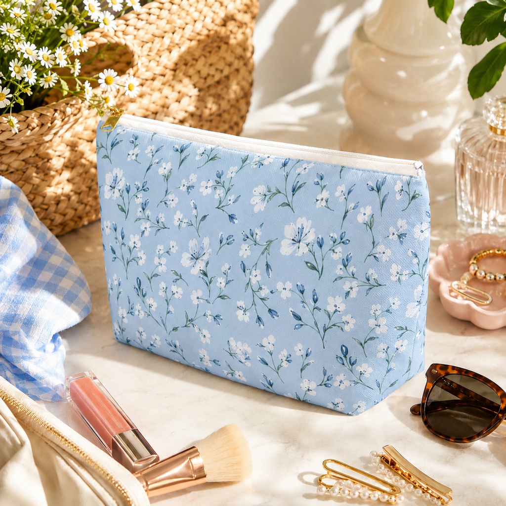Light Blue Floral Pattern Accessory Pouch