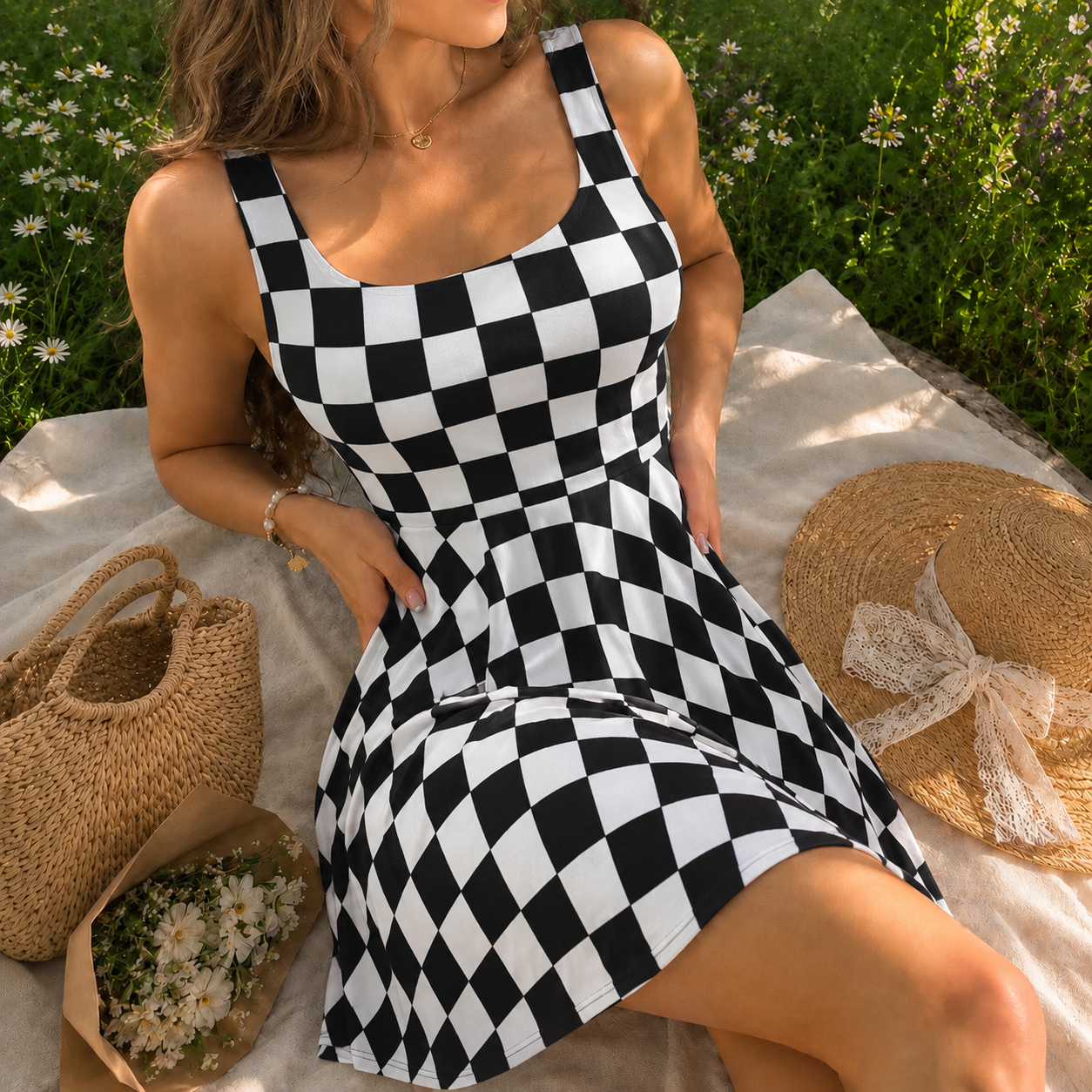 Black White Checkerboard Pattern Skater Dress