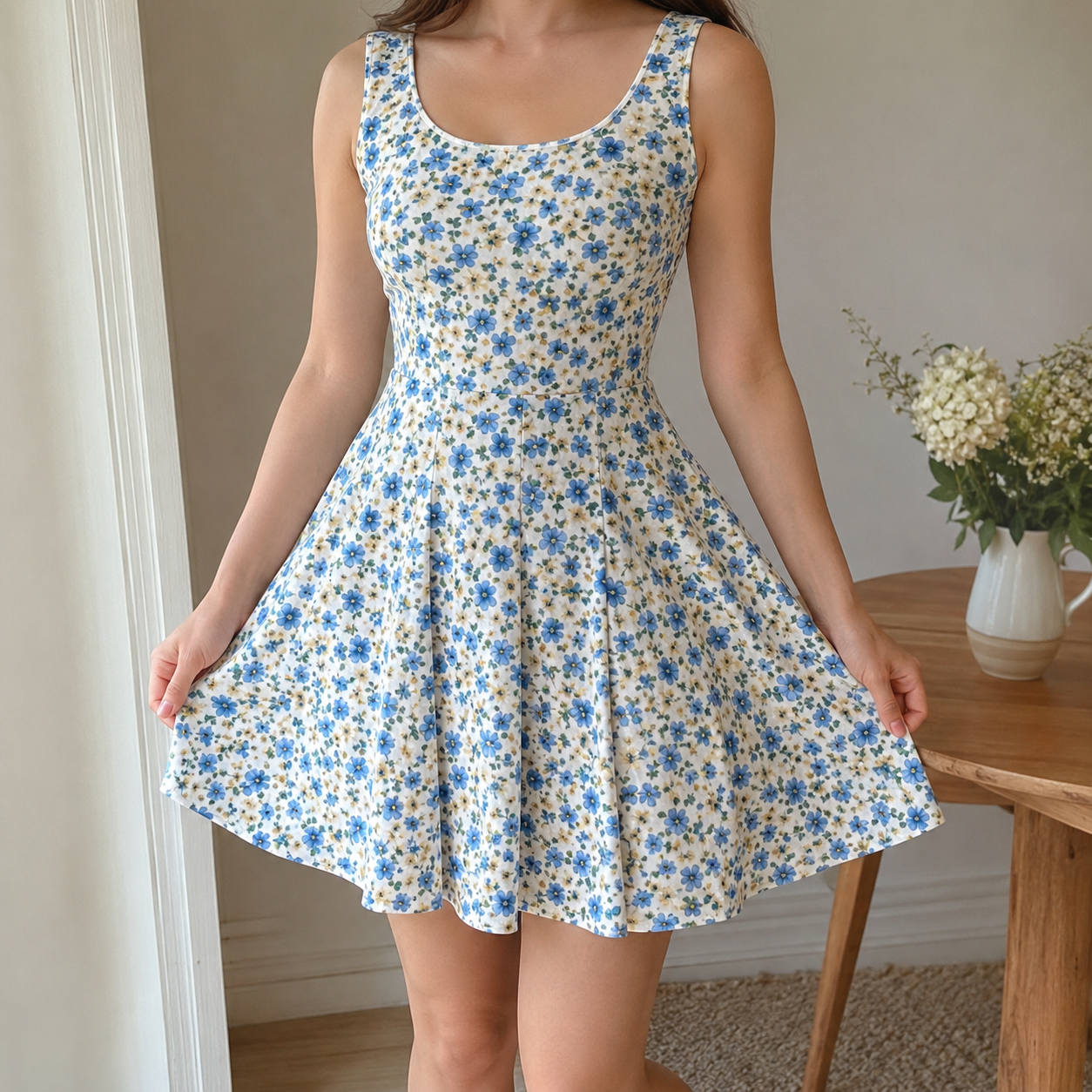 Blue and Yellow Ditsy Floral Skater Dress