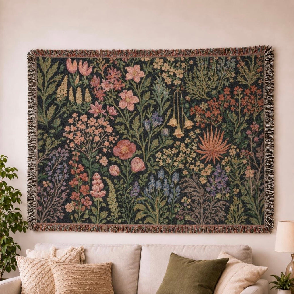 Vintage Botanical Garden Floral Woven Tapestry Blanket