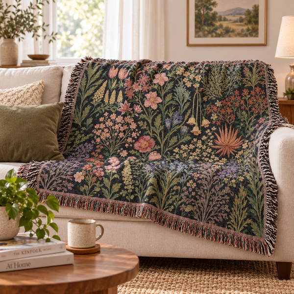 Vintage Botanical Garden Floral Woven Tapestry Blanket