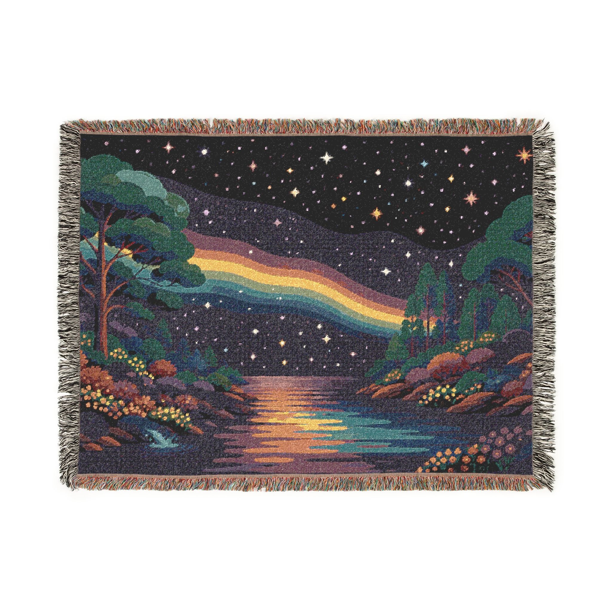 Pixel Rainbow Nightscape Woven Blanket | Starry Lake Scenic Throw