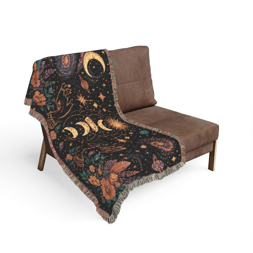 Celestial Moon Phases Woven Blanket | Sun, Stars & Floral Tapestry Throw