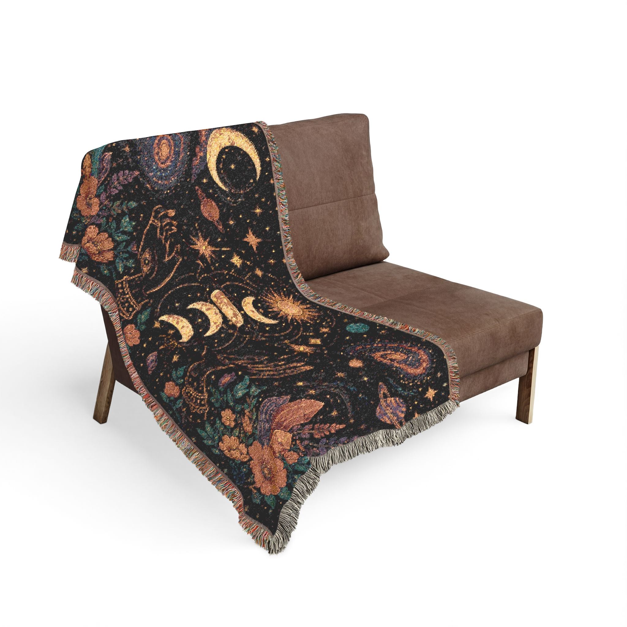 Celestial Moon Phases Woven Blanket | Sun, Stars & Floral Tapestry Throw