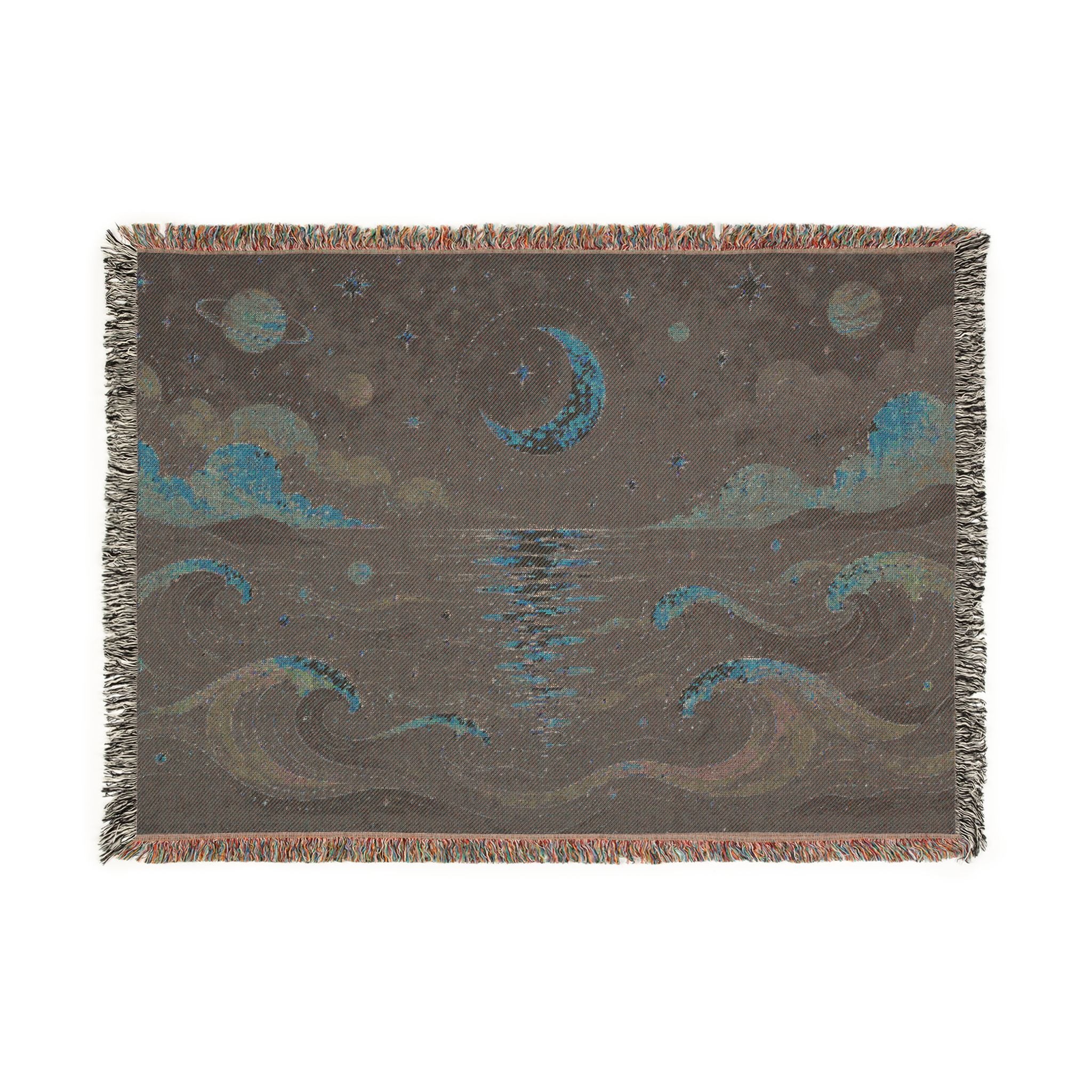 Crescent Moon Over Ocean Woven Blanket | Starry Night Tapestry Throw