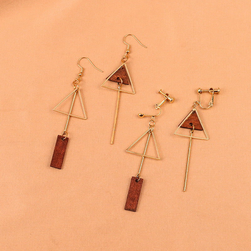 Korean Vintage Geometric Asymmetrical Wood Earrings