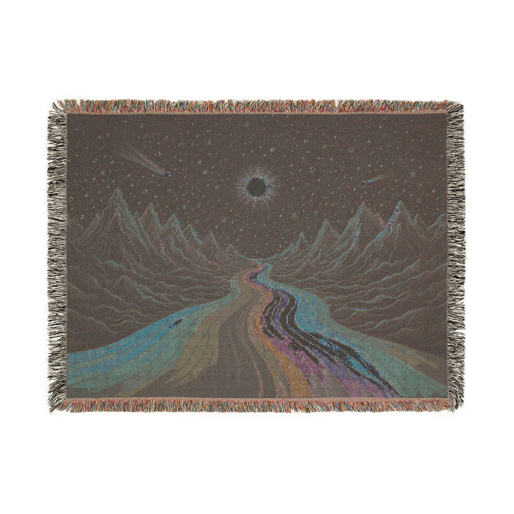 Cosmic Rainbow River Woven Blanket | Starry Night Mountain Tapestry Throw