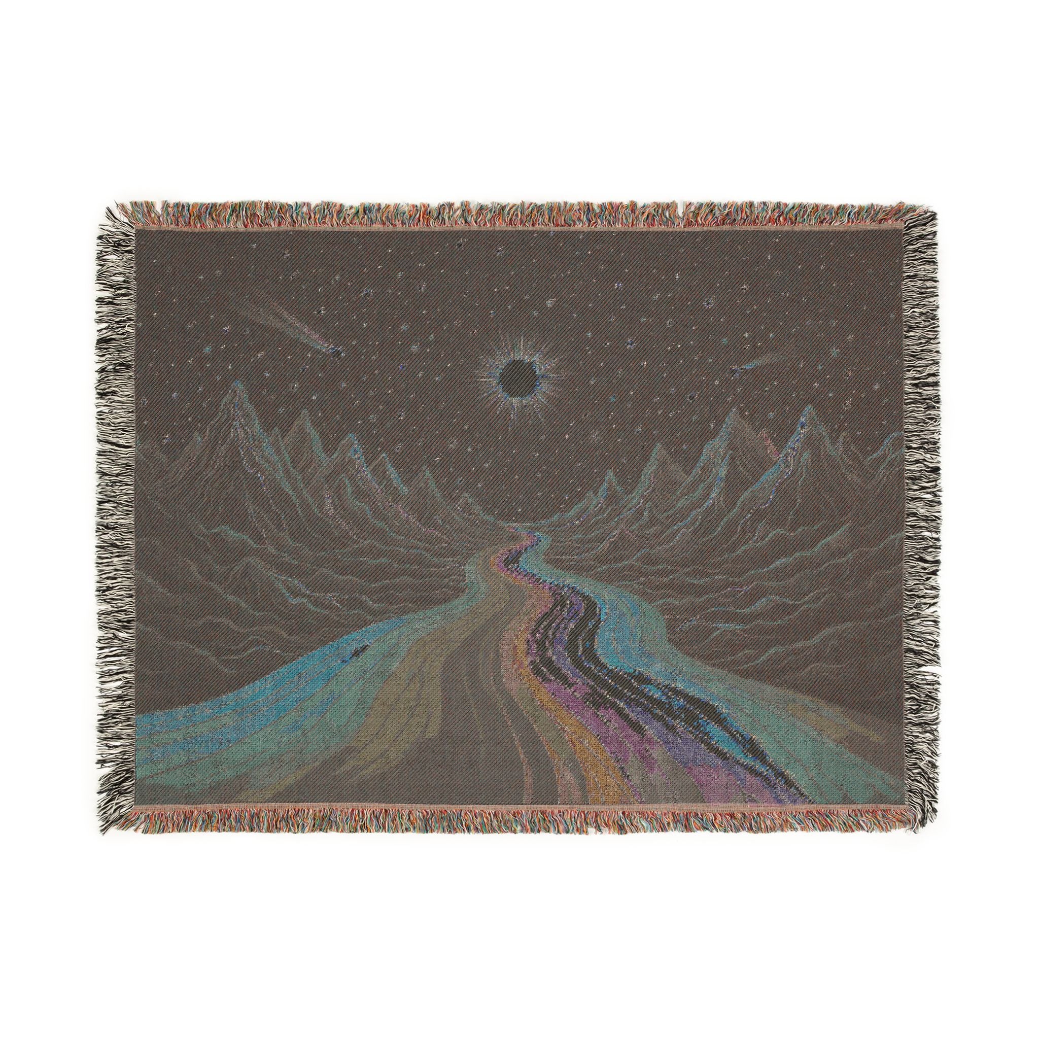 Cosmic Rainbow River Woven Blanket | Starry Night Mountain Tapestry Throw