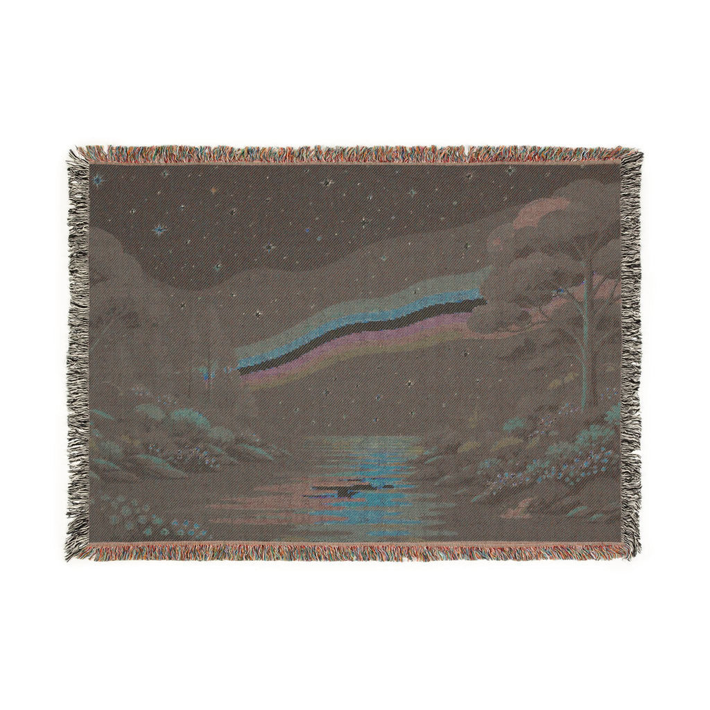 Pixel Rainbow Nightscape Woven Blanket | Starry Lake Scenic Throw